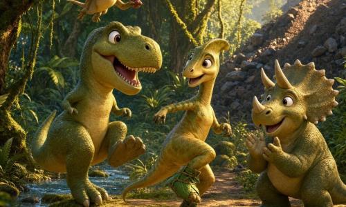 Taro, a chubby olive-green young Tyrannosaurus Rex at the center, lifts a foot trying the 