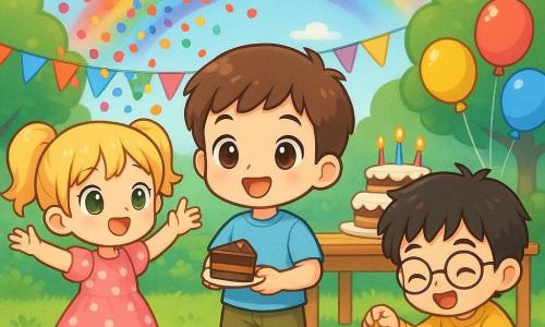 Três personagens: Miguel, menino de 8 anos, cabelo castanho curto, olhos castanhos, camiseta azul-claro e bermuda cáqui, segura uma fatia de bolo de chocolate e sorri; Sofia, menina de 8 anos, cabelos loiros em maria-chiquinhas, olhos verdes, vestido rosa com bolinhas brancas e sandálias, lança confetes coloridos; Lucas, menino de 7 anos, cabelo preto bagunçado, óculos redondos, moletom amarelo e jeans, ri ao pegar um presente escondido sob uma folha, agachado. Cena num jardim ensolarado com grama verde, mesa de madeira decorada com guirlandas e balões e um bolo de andares com velas; um arco de confetes forma um arco-íris baixo sobre a relva. Atmosfera alegre e calma, cores vivas, estilo chibi kawaii com traços arredondados, olhos grandes e proporções infantis, paleta pastel saturada.