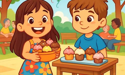 Uma menina de 6 anos, Emília, com longos cabelos castanhos e olhos brilhantes de alegria, sorri amplamente segurando uma tigela de deliciosos bolinhos. Ela veste um vestido colorido com estampas florais e sandálias amarelas, parecendo cheia de entusiasmo e felicidade. Ao seu lado, um menino de 6 anos, João, com cabelos castanhos bagunçados e uma camiseta azul, observa os bolinhos com orgulho, um leve sorriso no rosto, em pé perto de uma mesa de madeira onde estão expostos os bolinhos. A cena acontece em uma charmosa praça ensolarada, cercada por árvores verdes e bancos de madeira, com pessoas sentadas e conversando alegremente, criando uma atmosfera animada e acolhedora. Ao fundo, balões coloridos flutuam no céu azul, acrescentando um toque festivo ao ambiente. Emília e João, juntos, estão vendendo bolinhos caseiros, compartilhando risadas e sorrisos com os transeuntes, ilustrando assim a magia da amizade e o prazer de compartilhar momentos alegres.
