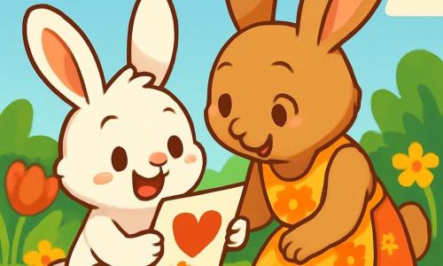 Benny the Bunny, a small rabbit with big ears and soft white fur, is sitting on a colorful flower carpet with a big joyful smile on his face. He holds a letter in his front paws, his eyes sparkling with excitement. Next to him, Mama Bunny, a light brown rabbit with gentle eyes, leans forward with a look of wonder, reading the letter Benny wrote to her. She wears a pretty floral apron and looks touched and happy. The scene takes place in a sunny garden filled with bright flowers like red tulips and white daisies, with a clear blue sky in the background. Benny and Mama Bunny share a tender and joyful moment celebrating Mother's Day, surrounded by the beauty of nature and family love.