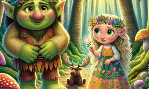 Een grote troll genaamd Grumbel, met ruwe groene huid en zachte hazelnootkleurige ogen, staat in het midden van de scène met een uitdrukking van verdriet gemengd met hoop. Hij heeft een grote ronde kop, puntige oren en draagt een tuniek van bladeren en bloemen. Naast hem kijkt een klein meisje genaamd Lila, ongeveer 8 jaar oud, met krullend goudkleurig haar, vastberaden naar Grumbel terwijl ze een prachtige glinsterende bloem in haar handen houdt. Ze draagt een kleurrijke jurk met bloemenmotieven. Een klein elandje genaamd Pippin, met zachte stekels en sprankelende ogen, ligt om de voeten van Lila gewikkeld en kijkt nieuwsgierig naar de scène.

De setting is een betoverd bos, waar grote majestueuze bomen met dikke stammen de lucht in rijzen, hun glanzende bladeren het zonlicht filteren en licht- en schaduwpatronen op de grond creëren. Multicolore bloemen en glinsterende paddenstoelen bedekken de grond, terwijl een zachte glinsterende waterval op de achtergrond stroomt, wat een vleugje magie aan de omgeving toevoegt.

De hoofdsetting toont Grumbel, Lila en Pippin verenigd in een zoektocht naar de Magische Bloem die door een kwaadaardige heks is gestolen, met een voelbare sfeer van avontuur en vriendschap in de lucht.