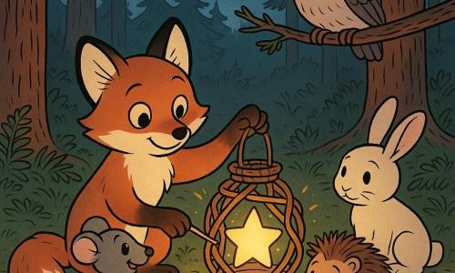Die Hauptfigur ist der kleine rotbraune Fuchs Finn mit weichem Fell und großen haselnussbraunen Augen, der lächelnd eine leuchtende Sternenlichtkugel in seinen Pfoten hält und sie behutsam in eine aus Zweigen geflochtene Laterne setzt; daneben steht die graue Maus Maya mit runden Ohren, lebhaften Augen und einem Stück Apfel, der schüchterne, entspannte Igel Ivo kauert mit Kiefernadelstücken an den Stacheln nahe der Laterne, ein etwas beschämter, nun beruhigter weißer Hase sitzt beim Bündnis und bewundert den Stern, während eine alte Eule mit grauen Federn auf einem niedrigen Ast über der Szene wohlwollend zusieht; Ort: eine moosige Waldlichtung in der Dämmerung mit Farnen, rauen Kiefernstämmen, Kiefernnadeln und vereinzelten moosbedeckten Steinen, Mondstrahlen filtern durch die Äste, warme Laternenlichtgesichter, glänzende Harztropfen auf Nadeln und ein Hauch von Kiefernduft in der Luft.