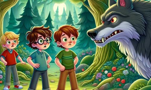In einer verzauberten Lichtung im Zauberwald stehen drei Jungen mutig vor einem großen bösen Wolf. Max, ein 10-jähriger Junge mit zerzausten braunen Haaren und einem roten T-Shirt, steht in der Mitte und zeigt ein entschlossenes Lächeln. Rechts von ihm schaut Tom, ein 9-jähriger Junge mit blonden Haaren und runden Brillen, neugierig auf den Wolf und trägt einen blauen Pullover. Links steht Leo, der kleinste der drei, 8 Jahre alt, mit braunen Haaren und einem besorgten Ausdruck, gekleidet in ein grünes T-Shirt.

Der große böse Wolf mit grauem Fell und durchdringenden Augen steht vor ihnen mit sichtbaren Zähnen in einem bedrohlichen Grinsen. Die Lichtung ist von majestätischen Bäumen mit dicken Stämmen und leuchtenden Blättern umgeben, während bunte Blumen den Boden schmücken und der Szene einen Hauch von Magie verleihen.

Die Jungen, vereint durch ihre Freundschaft, sind bereit, den Wolf herauszufordern, entschlossen, ihn mit ihrer Einfallsreichtum zu überwinden. Der Wolf, neugierig und etwas überrascht, scheint zu zögern, was eine spürbare Spannung in der Luft erzeugt.