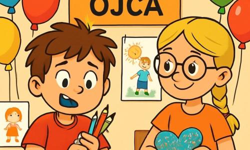Ośmioletni chłopiec, Kubuś, z rozczochranymi brązowymi włosami i wielkim radosnym uśmiechem, siedzi przy biurku szkolnym. Ma błyszczące od ekscytacji oczy i trzyma w rękach kolorowe kredki. Obok niego Zosia, siedmioletnia dziewczynka z blond warkoczami i okularami, tworzy błyszczącego laurkę z kolorowego papieru i brokatu. Patrzy na Kubuśa z tajemniczym uśmiechem. W tle klasa jest ozdobiona rysunkami dzieci i kolorowymi balonami, a na ścianie wisi duża tablica z napisem "Dzień Taty". Kubuś, skoncentrowany i trochę zaniepokojony, patrzy na swoją białą kartkę, zdając sobie sprawę, że zapomniał niebieskich kredek, podczas gdy jego koledzy przygotowują niespodzianki dla swoich tatów.