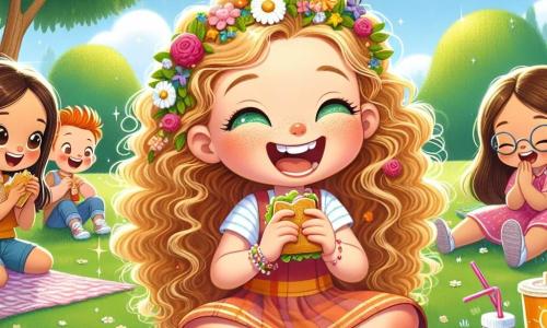 Een 7-jarig meisje, Lotte, met lange krullende haren en sprankelende ogen, zit op een kleurrijk dekentje in een zonnig park. Ze glimlacht vrolijk, met een sandwich in de ene hand en een fruit in de andere, omringd door haar vriendinnen. Sara, een ander 7-jarig meisje met blond haar en vlechten, zit naast haar en lacht terwijl ze een hap van haar taart neemt. Emma, ook 7 jaar oud, met bruin haar en een bril, verstopt zich achter een boom, klaar om verstoppertje te spelen. Het park is vol groen, met grote bomen met heldere bladeren en kleurrijke bloemen die dansen in de lichte bries. In de verte is er een heldere blauwe lucht met een paar donzige witte wolken. Lotte en haar vriendinnen genieten van een schermvrije dag, lachend en spelend samen, en creëren onvergetelijke herinneringen in de natuur.