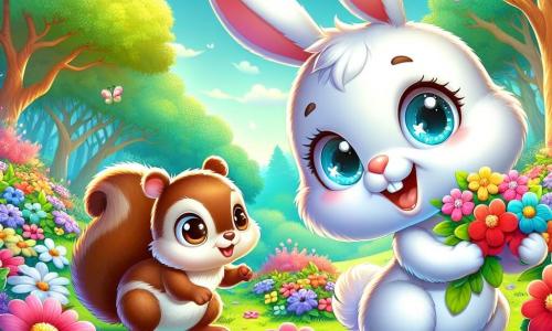 Un pequeño conejo de grandes orejas, con pelaje suave y blanco, y ojos brillantes de curiosidad, está saltando alegremente entre flores coloridas, con una gran sonrisa en su rostro. A su lado, una pequeña ardilla de pelaje marrón y ojos brillantes, con una cola esponjosa, observa con entusiasmo las flores que ha recogido, manteniéndose ligeramente atrás, llena de energía. El lugar es un hermoso bosque primaveral, donde los árboles están cubiertos de hojas verdes brillantes y el suelo está cubierto de flores multicolores, creando un cuadro vivo de alegría y luz bajo un cielo azul claro. La escena principal muestra al conejo y a la ardilla decorando la casa del conejo con flores, celebrando juntos la llegada de la primavera, rodeados de una atmósfera festiva y luminosa.