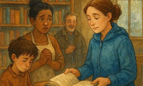 Clara, mujer de rostro suave y concentrado con el cabello recogido en un moño y chaqueta azul impermeable, entrega un libro húmedo en el mostrador mientras sostiene un pequeño cuaderno azul; Marta, con cabello oscuro recogido, delantal beige manchado de pintura y una mancha de pegamento en la nariz, está a la izquierda del mostrador con las manos juntas, preocupada pero aliviada; Bruno, niño de cabello castaño despeinado, juguetea con una pegatina verde en la manga y mira al suelo con vergüenza que se torna alivio, delante del mostrador junto al libro devuelto; Tomás, hombre de barba canosa y abrigo grueso, está al fondo junto a las estanterías sonriendo con indulgencia; lugar: interior cálido de una pequeña biblioteca antigua con maderas oscuras, estanterías llenas de lomos de colores, un gran mostrador de roble y luz suave filtrada por vitrales con gotas de lluvia visibles; situación: entrega tranquila del libro húmedo en una atmósfera de reparación y perdón, dominan los tonos azul‑gris y ocres y se aprecian las texturas del papel arrugado y la madera encerada.