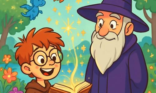 Ein junger Zauberer namens Finnian, etwa 10 Jahre alt, mit großen runden Brillen und zerzausten roten Haaren, steht am Ufer eines funkelnden Sees. Er ist erstaunt und lächelt, während er ein magisches Buch hält, das in goldenem Licht strahlt. Neben ihm beobachtet ein alter Zauberer, Meister Borax, in einem langen lila Mantel und einem riesigen spitzen Hut, mit einem wohlwollenden Lächeln und funkelnden Augen voller Weisheit. Der Ort ist ein magischer Garten, gefüllt mit bunten, sanft singenden Blumen, glänzenden Blättern an den Bäumen und Glühwürmchen, die in der Luft tanzen. Im Hintergrund ist ein hellblauer Himmel mit Wolken in Form fantastischer Kreaturen. Die Hauptsituation zeigt Finnian, der sein magisches Buch benutzt, um leuchtende Funken heraufzubeschwören, während magische Wesen wie kleine Drachen und Feen um sie herumfliegen und eine fröhliche, verzauberte Atmosphäre schaffen.
