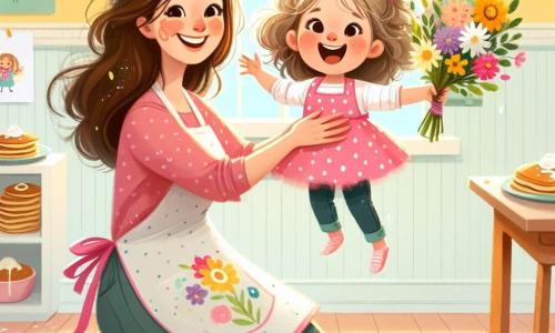 Una bambina di 3 anni, con capelli ricci e occhi scintillanti di gioia, si trova al centro dell'immagine, tenendo un bel mazzo di fiori colorati tra le braccia. Indossa un vestito rosa a pois e mostra un ampio sorriso, traboccante di eccitazione e amore per la sua mamma. Accanto a lei, sua madre, una donna di circa 30 anni con lunghi capelli castani e un sorriso caloroso, è accovacciata con le braccia aperte, pronta ad accogliere la figlia. Indossa un grembiule da cucina e ha delle macchie di farina sul viso, segno della sua preparazione di pancake. Lo sfondo è una cucina luminosa e accogliente, con muri dipinti di giallo pastello, una grande finestra che lascia entrare la luce del sole e un tavolo di legno carico di deliziose crêpes. Disegni di bambini decorano il frigorifero, aggiungendo un tocco di felicità all'atmosfera. La scena principale mostra la bambina che offre il suo mazzo di fiori e il suo disegno alla madre, creando un momento magico e tenero di celebrazione della festa della mamma, pieno di amore e complicità.