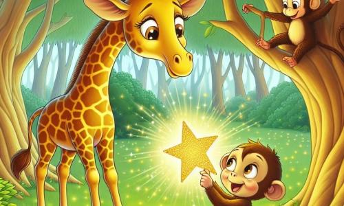 A giraffe named Gemma, with golden fur speckled with brown spots, stands proudly in the center of the scene, her long neck stretching towards the sky. Her large eyes shine with excitement and curiosity as she discovers a sparkling star delicately placed on the green grass. Beside her, a mischievous little monkey named Milo, with brown fur and twinkling eyes, joyfully climbs on a tree branch, laughing and enthusiastically pointing at the star. The setting is an enchanted clearing surrounded by majestic trees with vibrant green leaves, where rays of sunlight filter through the foliage, creating bright patterns on the ground. The scene exudes a magical atmosphere, filled with vivid colors and sweetness. Gemma, amazed, approaches the fallen star, ready to pick it up, while Milo encourages her with a cheeky smile, creating a moment of discovery and friendship in the heart of nature.