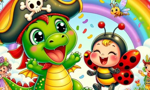 Un piccolo drago allegro di nome Pufi, con squame verdi brillanti e grandi occhi scintillanti, indossa un cappello da pirata colorato e balla con entusiasmo sotto un arcobaleno magico. Accanto a lui, una coccinella sorridente di nome Lilla, con ali rosse a pois neri, fluttua in aria agitando le zampette, piena di eccitazione. Si trovano in un parco incantato, pieno di fiori multicolori e coriandoli fluttuanti, dove bambini in costume ridono e si divertono attorno a loro. La scena cattura lo spirito gioioso del carnevale, con colori vivaci e un'atmosfera festiva, mentre Pufi e Lilla scoprono insieme l'arcobaleno magico.