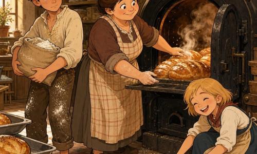 Protagonista: Lucia, fornaia sorridente e serena, volto rotondo, capelli castani raccolti, grembiule a quadri, mani infarinate, apre dolcemente la grande porta del forno di ghisa; secondaria: Rosa, ~12 anni, capelli biondi corti, accovacciata a destra a raccogliere semi di sesamo con un sacchetto di tela; secondario: Tommaso, ~14 anni, capelli castano chiaro spettinati, a sinistra con un sacco di farina; interno caldo di una vecchia panetteria con scaffali di legno e sacchi di farina, teglie metalliche, nuvole di farina e luce dorata da una finestra; la porta del forno si apre su pagnotte fumanti e croccanti con vapore visibile; stile grafico a colori caldi (ocra, marrone, giallo dorato), linee nette e contorni neri in stile fumetto franco‑belga, espressioni benevole e texture farinose; composizione a piano medio con i tre personaggi disposti a triangolo attorno al forno, fuoco sui pani e scaffali sfocati sullo sfondo.
