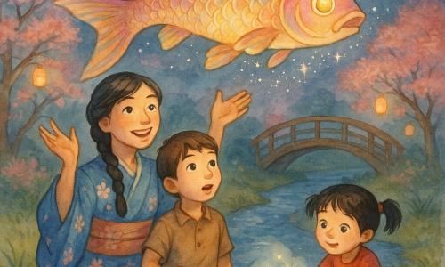 Una donna, Aiko, sorridente e benevola, capelli neri intrecciati, kimono blu a fiori di ciliegio, mani alzate verso il cielo a indicare la via con dolcezza; un ragazzo di circa 8 anni, capelli corti castani, tiene la mano destra di Aiko e guarda la carpa volante; una bambina di circa 6 anni, code nere, vestito rosso con ginocchia sporche d'erba, cerca di disegnare costellazioni su una nuvola con un piccolo bastoncino luminoso a sinistra di Aiko. Una grande carpa arcobaleno dalle scaglie iridescenti rosa, oro e blu fluttua sopra il ruscello, occhi come lanterne e scrosci di stelle argentate intorno a lei. Giardino segreto: ruscello di pietre luminescenti, ponte di legno curvo, ciliegi in fiore sotto la luna, erba bassa e lanterne di carta sospese; cielo notturno profondo punteggiato di stelle e nuvole morbide. Scena principale: Aiko e i bambini seguono la carpa nel cielo stellato sopra il ruscello, morbida luce lunare e riflessi colorati nell'acqua, atmosfera magica e calda; composizione centrata sulla carpa in volo e sui volti meravigliati, stile acquerello delicato, palette pastello con accenti dorati.