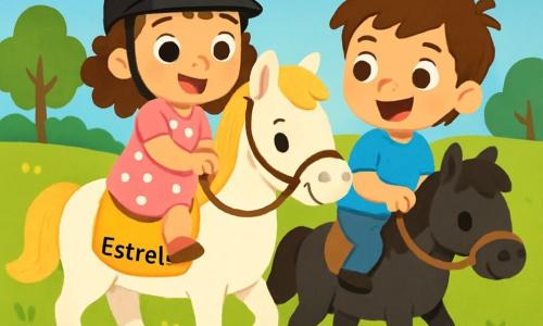 Una niña de 2 años, con grandes ojos brillantes y cabello rizado, sonríe alegremente mientras monta un caballo blanco llamado Estrella. Lleva un bonito vestido rosa con lunares y un pequeño casco de seguridad. A su lado, un niño de 3 años, con cabello castaño desordenado y una camiseta azul, la anima con una gran sonrisa. Sostiene las riendas de su propio caballo, un pony negro, y está justo al lado de Estrella. La escena se desarrolla en un amplio campo verde, salpicado de flores coloridas y bajo un cielo azul brillante. A lo lejos, se pueden ver árboles majestuosos y una suave colina. Sofia y Lucas están listos para una carrera amistosa, con sus rostros iluminados de emoción. Los caballos están en posición, listos para galopar, mientras que otros niños los miran con impaciencia, ansiosos por ver quién ganará esta hermosa carrera.