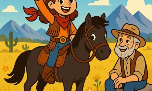 Una giovane cow-girl di undici anni, Lucy, sta in piedi orgogliosamente sul suo cavallo nero, con un sorriso determinato e occhi scintillanti di eccitazione. Indossa un cappello da cowboy usurato, un gilet di pelle decorato con frange e un foulard rosso vivo attorno al collo. Accanto a lei, il vecchio Bill, un uomo di sessant'anni con capelli grigi e una barba folta, la incoraggia con uno sguardo benevolo, seduto su una pietra, una mano sul ginocchio. Lo scenario è una vasta prateria dorata, punteggiata di fiori selvatici, con maestose montagne sullo sfondo e un cielo blu brillante punteggiato di nuvole bianche e soffici. In lontananza, silhouette di cactus si ergono contro l'orizzonte. La scena principale mostra Lucy pronta a partecipare a una competizione di cowboy, alzando un pugno in aria, piena di coraggio e determinazione, mentre il vento fa svolazzare il suo foulard.