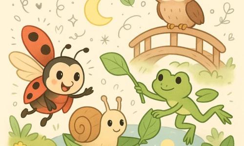 Una coccinella rossa a sei puntini, occhi rotondi e sorriso, apre le ali e porge una zampa per aiutare; una lumaca beige con conchiglia a spirale marrone siede su una grande foglia trasformata in barca al centro del ruscello; un ranocchio verde sta per posare un'altra foglia sopra la barca; un gufo bruno dagli occhi grandi osserva dal parapetto di un ponticello di assi chiare; luogo: ruscello calmo sotto il ponticello, acqua a specchio che riflette la pallida luna gialla, rive muschiose con fiori piccoli e colorati e grandi foglie; situazione: la coccinella aiuta la lumaca ad attraversare grazie alla barca-foglia portata dal ranocchio, atmosfera notturna dolce e cooperativa.