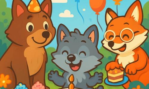 Ludo, a young gray wolf with soft fur and sparkling eyes, sits on a colorful picnic blanket surrounded by delicious cakes and cream-decorated muffins. He smiles widely, his ears perked up, showing his excitement for his birthday. Next to him, Mama Wolf, a brown, silky-furred mother wolf, wears a star-shaped party hat and looks at her son with pride. Aunt Maple, an old red fox with round glasses, serves slices of cake with a big smile, adding a touch of magic to the celebration. The setting is a sunny garden filled with colorful flowers, floating balloons, and shimmering garlands, under a clear blue sky with fluffy clouds. The scene shows Ludo blowing out a carrot-shaped candle on his cake while all his animal friends joyfully sing around him, creating a festive and warm atmosphere.
