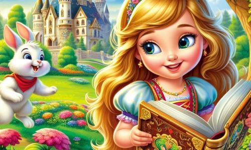 A princesa Sofia, uma menina de cerca de 10 anos, tem longos cabelos dourados que brilham ao sol e olhos cintilantes como estrelas. Ela usa um vestido colorido adornado com flores, e seu rosto expressa grande curiosidade e excitação enquanto segura um antigo livro de madeira, descobrindo um tesouro misterioso. Ao seu lado está Tobias, um coelho branco travesso com grandes orelhas, que salta alegremente, com um sorriso malicioso no rosto. A cena se passa em um jardim encantador, cheio de flores vibrantes, grandes árvores verdes e borboletas voando ao redor. Ao fundo, um velho castelo se ergue majestoso, com torres brilhantes sob o sol. A situação principal mostra Sofia e Tobias descobrindo o velho livro escondido sob uma raiz de árvore, prontos para partir em uma aventura em busca de um tesouro mágico, cercados pela beleza da natureza e pela emoção do desconhecido.