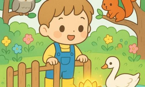 A 4-year-old boy with short light-brown hair, round sparkling eyes and a smiling, wonder-filled face wears blue overalls and yellow boots, gently holds the wooden gate of a secret garden and looks at a glowing golden water-lily on a small pond; a small red squirrel with bright black eyes perches on a branch to his right, a gray owl with large golden eyes sits on a left background branch, and a white swan glides on the pond; the sunny clearing is surrounded by emerald round-leaf trees, lantern-like multicolored flowers, soft grass and pale stone paths, with a calm, magical, kawaii-minimal atmosphere, pastel-vivid colors, smooth textures, light shadows and a centered composition.