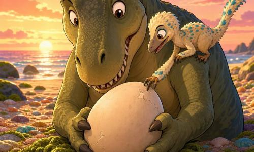 A massive, gentle Tyrannosaurus rex with a surprised, tender face, olive-green textured skin with small shiny scales, big wet eyes and non-threatening visible teeth cradles a pale egg on its broad belly while slowly placing it into a soft, mossy seaweed nest dug in the golden sand; nearby a small, feathered troodon named Pip with cream plumage and turquoise spots perches on the T. rex’s right shoulder, mischievous and protective, touching the egg with a toe. The Shellshore beach features golden sand scattered with multicolored shells, smooth polished rocks, tufts of green seaweed and a calm, silver-reflecting sea under a golden-pink sunset; small shell fragments and a visible crack lie near the egg, warm light and soft shadows center the composition to convey tenderness and protection.