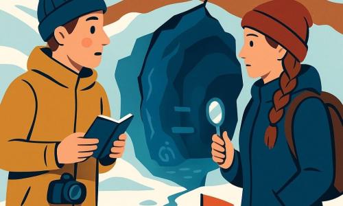 An adult man stands beside a wide crack in a pingo, face awed and focused, cheeks pink from the cold, wearing a waxed coat and wool hat, holding a notebook and camera and staring at the blue entrance of the cavity; beside him, a sturdy female guide in her late 20s with braided frozen hair, serious but kind, holds a small silver mirror reflecting a ray of light into the cavity and stands slightly back; background: rounded pingo hill of brown-ochre earth and powdery snow, a large fissure revealing smooth blue-green ice and a small interior space with stone shelves and spiral carvings; foreground: a small cairn of black stones on the snow with a red marker flag and footprints leading to the crack; graphic mood: cool palette of whites, blues and grays with warm ochre and red accents, bold color-block shapes, simple textures, strong contrasts and side lighting emphasizing ice reflections; composition: figures center-left, luminous fissure center, cairn and flag in foreground guiding the eye; clear, legible, iconic style suitable for a youth poster.