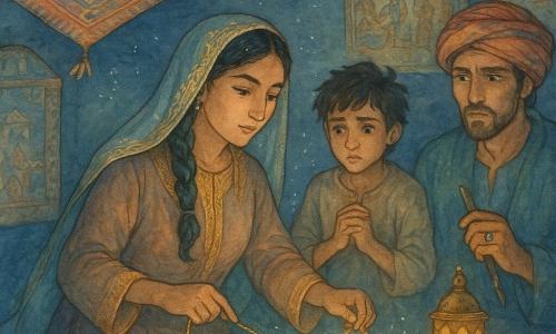 The scene shows a wise, determined woman, Samira, with a serene but focused expression, olive skin and black hair braided under a light gold-embroidered veil; she calmly places a knotted silk measuring cord on a small drawn 