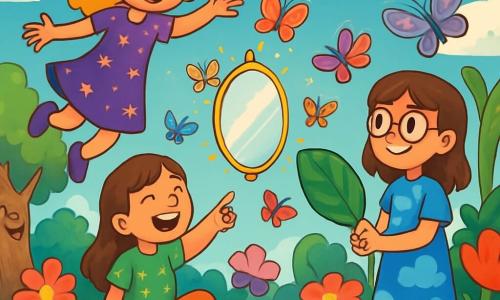 Há 3 personagens: - Luna: uma menina de 10 anos, com cabelos cacheados e dourados, vestindo um vestido roxo adornado com estrelas brilhantes. Ela está flutuando no ar, com um grande sorriso no rosto, os braços abertos como se estivesse dançando. - Mia: uma menina de 9 anos, com cabelos castanhos e lisos, vestida com uma túnica verde com padrões de flores. Ela está sentada em uma grande flor colorida, rindo e apontando para Luna que flutua. - Clara: uma menina de 11 anos, com cabelos castanhos e óculos redondos, vestindo um vestido azul com padrões de nuvens. Ela está em pé ao lado de uma planta gigante, segurando uma folha de magnólia na mão, com uma expressão concentrada e divertida. O cenário é um campo encantado, repleto de flores gigantes em cores vibrantes, árvores com troncos torcidos que parecem sorrir, e um céu azul salpicado de nuvens em forma de criaturas fantásticas. Um grande espelho flutuante brilha no centro da cena, cercado por borboletas coloridas que voam alegremente. A situação principal da história mostra Luna flutuando no ar após beber água de chocolate, enquanto Mia ri em uma flor gigante e Clara, com um olhar determinado, segura a folha de magnólia, pronta para ajudar sua amiga a descer. A atmosfera é alegre e mágica, cheia de risos e cores vivas.