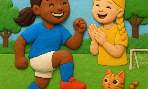 Kobieta piłkarka o okrągłej twarzy i szerokim uśmiechu, brązowe włosy w kucyku, radosna i zdeterminowana, podnosi wysoko kolano podczas treningu, ma jaskrawo niebieską koszulkę, białe spodenki i czerwone buty sportowe; obok stoi jej koleżanka Ola, około 12 lat, blond w warkoczu, śmieje się i klaszcze, ubrana w żółtą koszulkę, nieco z tyłu po prawej; obok linii boiska siedzi mały ciekawski pręgowany kot z dużymi okrągłymi oczami; miejsce to małe boisko w parku z zieloną trawą, widoczną białą linią, bramką i drzewami z okrągłymi liśćmi, łagodne poranne słońce i jasne niebo; scena pokazuje zespół trenujący w kole, zsynchronizowane unoszenie kolan, atmosfera koleżeństwa i wsparcia, żywe kolory i proste formy w stylu modeliny w niskim reliefie, miękkie kontury i widoczne ślady palców.