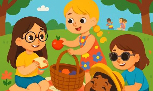 Há 4 crianças: Sofia, uma menina de 8 anos com cabelos longos e castanhos e óculos redondos, vestindo uma camiseta amarela e um short jeans, sentada em uma toalha de piquenique, sorrindo e segurando um sanduíche; Clara, uma menina de 7 anos com cabelos loiros trançados e um vestido florido, em pé ao lado de Sofia, estendendo os braços para pegar uma maçã na cesta; Mariana, uma menina de 8 anos com cabelos cacheados e um chapéu de palha, vestindo um maiô sob uma camisa leve, deitada na toalha, rindo e olhando para as nuvens; e Beatriz, uma menina de 7 anos com cabelos castanhos e óculos de sol, vestindo uma camiseta azul e um short, agachada perto de uma cesta, tirando frutas. O cenário é um parque ensolarado, com grandes árvores verdes e flores coloridas ao redor, e uma toalha de piquenique estendida na grama, cercada por risos de crianças brincando ao longe. As quatro amigas estão aproveitando um piquenique alegre, compartilhando sanduíches e frutas, rindo e se divertindo sob o sol brilhante.