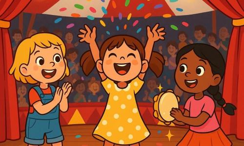 Tres niñas de 6 años en el centro de una gran carpa de circo roja y blanca con suelo de madera y cortinas de terciopelo: Lola, pelo castaño en coletas, vestido amarillo de lunares blancos, en el centro lanzando una nube de confeti multicolor con ambas manos; Marta, pelo rubio corto, peto azul y zapatillas rojas, a la izquierda aplaudiendo y sonriendo hacia el público; Sofía, pelo negro trenzado, falda rosa y tamborín brillante en la mano derecha, a la derecha sacudiéndolo al ritmo, ojos brillantes; guirnaldas de luces amarillas en el techo, gradas difuminadas con siluetas aplaudiendo y confeti cayendo por todas partes, final del espectáculo con colores vivos, movimientos dinámicos y atmósfera festiva y segura para niños.