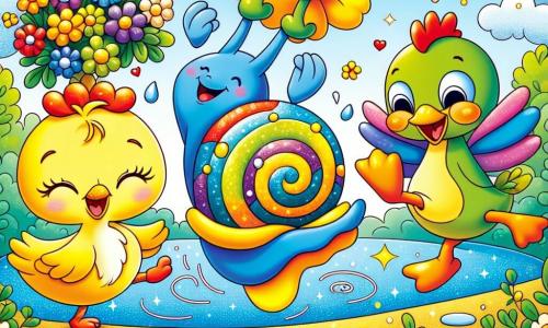 Un melc pe nume Săndel, cu o cochilie colorată în spirală și o față zâmbitoare, se află în centrul imaginii, cu ochii strălucind de curiozitate, purtând un buchet frumos de flori pe cap. La dreapta lui, o găină pe nume Gina, cu pene aurii și un aer vesel, dansează bătând din aripi, iar la stânga lui, o rață pe nume Rațel, cu un penaj verde și galben, râde stând pe o picior, pregătită să sară. Scena se desfășoară pe marginea unui iaz strălucitor, înconjurat de flori vibrante, sub un cer albastru presărat cu nori pufoși. Săndel, Gina și Rațel se distrează împreună, dansând și râzând, creând o atmosferă veselă și jucăușă, plină de viață și prietenie.