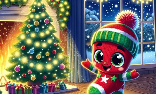 Un pequeño calcetín rojo brillante llamado Calcetínito, con rayas verdes y un pompón en la punta, se encuentra alegremente sobre una chimenea decorada con guirnaldas luminosas. Sus ojos brillan de emoción y su radiante sonrisa muestra su entusiasmo por la Navidad. A su lado, su amigo Azulito, un calcetín azul con estrellas blancas, mira con asombro, con los ojos muy abiertos y una gran sonrisa en el rostro, mientras señala un árbol de Navidad brillante. El lugar es una acogedora sala de estar, llena de decoraciones festivas: un gran árbol iluminado ocupa el centro, rodeado de regalos coloridos, y copos de nieve caen suavemente afuera a través de la ventana. La situación principal muestra a Calcetínito y Azulito descubriendo la magia de la Navidad, listos para compartir su alegría con los niños, mientras se preparan para vivir una aventura inolvidable.