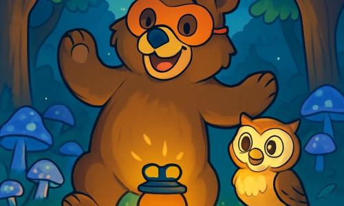 Ein großer Braunbär namens Lumo steht in der Mitte einer Lichtung, die von sanftem goldenem Licht erhellt wird. Er trägt eine orangefarbene Filzmaske mit runden Augen und einem breiten Lächeln, das eine fröhliche und begeisterte Ausdruck zeigt. Seine Pfoten sind leicht erhoben, als ob er gleich tanzen möchte. Neben ihm sitzt eine kleine Eule namens Funke mit großen glänzenden Augen und hellbraunem Gefieder auf einem Stein. Sie sieht neugierig und aufgeregt aus und beobachtet die Szene mit einem schelmischen Lächeln. Die Lichtung ist von großen Bäumen mit dicken Stämmen umgeben, deren Blätter im Mondlicht glitzern. Leuchtende Pilze in Blau- und Violetttönen bedecken den Boden und schaffen eine magische und geheimnisvolle Atmosphäre. Lumo und Funke bereiten sich darauf vor, eine kleine herzförmige Laterne anzuzünden, die ein warmes Licht ausstrahlt, während kleine Waldtiere wie Mäuse und ein Fuchs sie bewundernd ansehen.