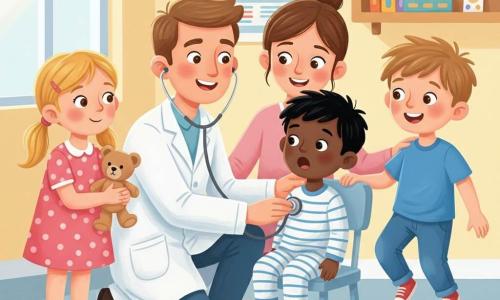 A calm smiling light-skinned male doctor with short brown hair and a clean white coat kneels and places a shiny metal stethoscope on a young boy’s chest while the boy, Tommy (about 4, short black hair, striped pajamas), sits on a small chair saying “Ahh,” his mother stands behind smiling with a hand on his shoulder; two other children watch—Lily (about 6, blonde braids, pink polka-dot dress) clutching a small teddy to the doctor’s left, and Max (about 6, tousled brown hair, blue T-shirt) on the doctor’s right, excitedly on his toes. The bright clinic has pale yellow walls, a colorful heart-and-body poster, a wooden shelf with bandage boxes and a shiny sticker, soft lino floor with a round red rug; warm composition, round features, vivid colors, visible acrylic paint texture.