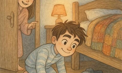 Niño de 10 años sonriente y tranquilo, ojos brillantes y cejas expresivas como olas, pelo castaño despeinado, pijama a rayas azul claro, sentado al borde de una cama de madera mirando debajo; su hermana de unos 12 años, pelo castaño y bata rosa, asomada tras la puerta entreabierta riendo y señalando; unas pantuflas estrelladas y peludas con ojos luminosos están bajo la cama; suelo de tablas cálidas, manta de punto colgando y una alfombra redonda con nubes; ambiente nocturno y acogedor con luz naranja tenue, sombras suaves y estrellas en la pared; momento tierno y divertido antes de dormir: el niño descubre las pantuflas “monstruo” y sonríe; estilo: líneas finas, textura de lápiz visible, acuarela ligera en pasteles, contrastes suaves y expresiones exageradas y amables.