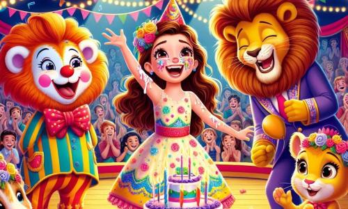 Una niña de 12 años, Lucía, con el cabello castaño desordenado y ojos brillantes de alegría, está en el centro del escenario, cubierta de crema de pastel y riendo a carcajadas. Lleva un vestido colorido con motivos de circo, y sus mejillas están ligeramente sonrojadas de emoción. A su lado, un payaso alegre llamado Coco, de unos 30 años, con una gran nariz roja y un traje multicolor, hace muecas mientras malabares con pelotas. Un domador de animales, Tomás, de 25 años, está al fondo, sonriendo orgulloso, con un elefante decorado con flores y un león con corbata a su lado. La escena tiene lugar bajo una gran carpa de circo, llena de luces brillantes y colores vivos, con espectadores maravillados aplaudiendo alrededor. Lucía, en medio del espectáculo, lanza confeti al aire, celebrando el éxito de su número de desfile de animales, con risas y aplausos resonando en el aire.