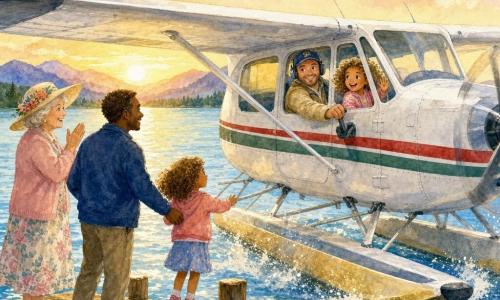 Piloto sonriente y confiado, rostro redondo con incipiente barba, gorra azul y chaqueta beige, sostiene el timón de su pequeño hidroavión blanco con franjas rojas y verdes; a su derecha, una niña de unos 6 años, rizos dorados y ojos asombrados, sentada junto a la ventanilla tocando el cristal y sonriendo; un hombre de unos 35 años, padre, con el pelo corto y chaqueta azul marino, de pie en el embarcadero junto a la escala sujetando la mano de la niña listo para bajar; a la izquierda, una mujer de unos 60 años con sombrero floral aplaude suavemente en el muelle; escenario: lago azul al amanecer, montañas suaves al fondo, viejo embarcadero de madera, reflejos en el agua y pequeñas olas; el hidroavión acaba de iniciar el aterrizaje con salpicaduras doradas alrededor de los flotadores, movimiento suave y atmósfera tranquila y alegre en tonos pastel con efecto acuarela difuso.
