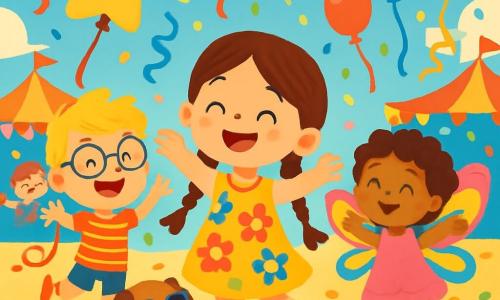 Hay 4 personajes: - Sofía: Una niña de 6 años, con largos cabellos castaños y trenzas. Lleva un vestido colorido con motivos de flores y una gran sonrisa. Está bailando alegremente en el centro de la imagen. - Leo: Un niño de 6 años, con el cabello rubio despeinado y gafas. Está vestido con una camiseta a rayas y un pantalón corto azul. Salta de alegría a la izquierda de Sofía, sosteniendo un globo en forma de estrella. - Una niña con alas de mariposa: Una niña de 5 años, con cabello rizado y un vestido rosa. Tiene alas multicolores y sonríe agitando los brazos, situada a la derecha de Sofía. - Un perro con gafas: Un pequeño perro marrón, sentado en el suelo, usando gafas de sol. Mira a los niños con una expresión alegre, situado justo frente a Leo. El lugar es una fiesta de carnaval vibrante, llena de colores brillantes. Globos flotan en el cielo azul, serpentinas vuelan por el aire y confeti cae a su alrededor. En el fondo, hay puestos decorados con guirnaldas luminosas y niños riendo y bailando. La situación principal muestra a los niños buscando un tesoro de carnaval, rodeados de música y risas, emocionados y con ojos brillantes de alegría, listos para descubrir sorpresas coloridas.