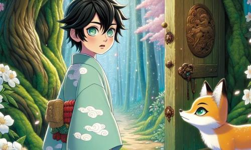 En el centro de la imagen, Hiroshi, un niño de 12 años con cabello negro y ojos llenos de curiosidad, está de pie en un camino de flores de cerezo. Lleva un kimono azul claro decorado con patrones de nubes, y su rostro expresa una determinación mezclada con asombro mientras mira una antigua puerta de madera cubierta de musgo que se abre ante él. A su derecha, Kitsu, un zorro de pelaje dorado brillante, se encuentra en una postura elegante, con sus ojos traviesos fijos en Hiroshi, como si lo animara a entrar en el mundo mágico. El escenario es un bosque encantado, bañado en luz suave, con árboles de troncos retorcidos y hojas brillantes. Flores de cerezo caen suavemente a su alrededor, creando una atmósfera de cuento de hadas. La situación principal muestra a Hiroshi, listo para cruzar la puerta misteriosa, mientras Kitsu le ofrece una mirada cómplice, sugiriendo que la aventura que le espera más allá de esa puerta estará llena de magia y descubrimientos.