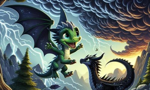 Un giovane drago di nome Drakus, con squame verdi brillanti e occhi pieni di curiosità, vola con entusiasmo sopra una valle tempestosa, il suo volto esprimendo una determinazione gioiosa. Dispiegando le ali con grazia, sfida i forti venti che spirano attorno a lui. Vicino, Tempesta, un grande drago nero con squame scintillanti come la notte, si trova su una roccia, osservando Drakus con uno sguardo fiero e intrigato, le ali ripiegate, pronto a incoraggiarlo nella sua ricerca. Il paesaggio è una valle selvaggia, dove nuvole scure vorticano nel cielo, creando un'atmosfera misteriosa ed elettrizzante, con fulmini che illuminano il terreno accidentato sottostante, dove alberi contorti e rocce scoscese si ergono fieramente. La situazione principale mostra Drakus, il giovane drago, che sfida coraggiosamente la tempesta per dimostrare il suo valore, mentre il drago nero lo osserva, pronto a sostenerlo in questa epica prova.