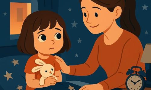 Bambina di 6 anni dagli occhi grandi e lucenti, capelli castani a caschetto, leggermente preoccupata ma curiosa, stringe un piccolo coniglio di peluche bianco seduta sul bordo di un letto con lenzuola a stelle; la madre di circa 30 anni, capelli lunghi raccolti in una coda, sorride rassicurante, accovacciata a fianco del letto mentre sistema la coperta con la mano sulla spalla della bambina; la stanza è piccola e accogliente, pareti blu notte con stelline argentate, finestra aperta che lascia filtrare una sottile luce arancione della strada e una piccola abat-jour spenta; sul comodino un orologio sveglia vintage con lancette visibili e un'ombra morbida: la bambina scopre che la notte è meno spaventosa, contrasto tra l'oscurità dolce della stanza e la calda luce vicina, atmosfera rasserenante e intima.