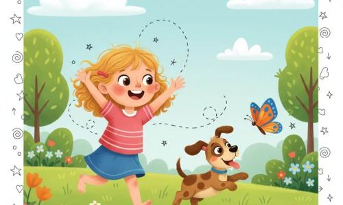 A delighted two-year-old girl with curly blond hair, rosy cheeks and bright wide eyes runs barefoot through the grass with her arms raised; a playful brown-spotted puppy named Max, tongue out and wagging tail, jumps beside her trying to catch a small orange-and-blue butterfly with geometric wing patterns guiding their chase; the sunny park has wide green lawns, a few rounded trees, colorful flower clumps and a pale blue sky with fluffy clouds; the scene captures their joyful, dynamic pursuit with laughter indicated by small doodled lines and stars around them.