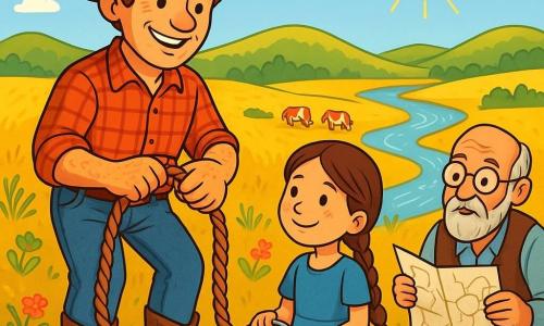 Cowboy o imieniu Jakub, mężczyzna w wieku około trzydziestu lat, dumnie stoi na pniu drzewa, jego twarz jest poparzona słońcem, a na ustach ma szeroki uśmiech. Nosi zużyty kapelusz kowbojski, czerwoną koszulę w kratę i dżinsowe spodnie, podczas gdy zręcznymi, pokrytymi kurzem rękami plecie grubą skórzaną linę. Obok niego stoi Maria, dziesięcioletnia dziewczynka z długimi, warkoczami brązowymi włosami, która z podziwem go obserwuje. Ma na sobie niebieską bawełnianą sukienkę i trzyma wiadro wody, aby nawilżyć paski skóry. W oddali Pan Tomasz, starszy mężczyzna z siwą brodą i okrągłymi okularami, pochyla się nad mapą regionu, gotowy do udzielenia rad. Tło stanowi rozległa złota łąka, usiana dzikimi kwiatami i falującymi wzgórzami pod jasnoniebieskim niebem, gdzie słońce świeci intensywnie. W oddali stado krów spokojnie pasie się w pobliżu lśniącej rzeki. Główna sytuacja pokazuje Jakuba i Marię pracujących razem nad stworzeniem solidnej liny, symbolizującej ducha współpracy i przyjaźni, podczas gdy przygotowują przejście dla stada przez rzekę.