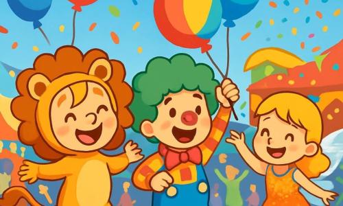 Ein 6-jähriges Mädchen namens Lina, lächelnd und voller Freude, trägt ein Löwenkostüm mit einer weichen goldenen Mähne und einem langen Schwanz, der sich bewegt. Sie springt begeistert, ihre Augen strahlen vor Aufregung. Neben ihr macht ein fröhlicher Clown namens Max, etwa 8 Jahre alt, Grimassen, trägt eine grüne Perücke und eine rote Nase und hält einen bunten Ballon. Etwas weiter weg lächelt eine kleine Fee mit glitzernden Flügeln und einem glitzernden Kleid, während sie Konfetti in die Luft wirft. Die Szene zeigt ein großes Karnevalsfestival mit bunten Ständen, funkelnden Lichtern und fröhlich tanzenden Menschen in verschiedenen Kostümen. Luftballons schweben am blauen Himmel, und Konfetti fallen wie Sterne. Lina und ihre Freunde haben Spaß zusammen, umgeben von Lachen und Musik, während sie an einer bunten Parade voller Magie und Glück teilnehmen.