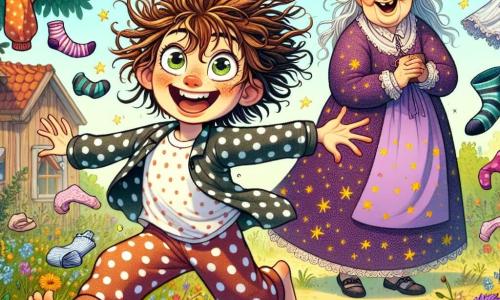 Uma menina de 10 anos, Luna, com cabelos cacheados e desgrenhados de cor castanha, veste um pijama de bolinhas coloridas. Ela sorri amplamente, com os olhos brilhando de excitação enquanto corre atrás de roupas que flutuam no ar, tentando pegá-las com as mãos. Ao seu lado, sua avó, a grande Maga Griselda, com cerca de 70 anos, cabelos longos prateados e um vestido roxo decorado com estrelas douradas, ri alegremente segurando uma xícara de chá. Ela observa a cena com orgulho e diversão. O cenário é um jardim ensolarado, repleto de flores coloridas e árvores verdes, com uma pequena casa de madeira ao fundo. Roupas de todos os tipos, como meias e camisas, flutuam no ar como pássaros, criando uma atmosfera mágica e cômica. A cena principal mostra Luna, cheia de energia, tentando alcançar as roupas que voam ao seu redor, enquanto sua avó, divertida, aprecia o espetáculo, adicionando um toque de magia humorística a esse momento caótico.