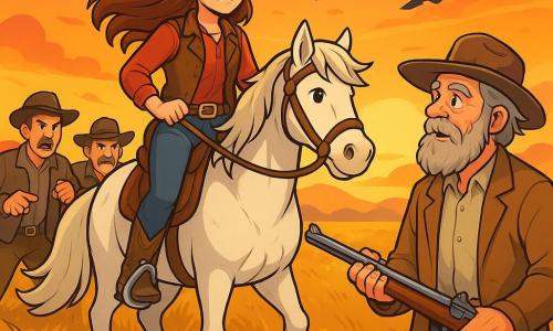 Een cowboyvrouw, Mara, staat trots op haar merrie Bruma, met kastanjebruin haar dat in de wind waait. Ze draagt een versleten cowboyhoed, een leren vest en zilveren laarzen, met een vastberaden en moedig gezicht. Naast haar kijkt een oude man, Elias Boone, met grijs haar en een rommelige baard, bewonderend terwijl hij een oud geweer vasthoudt. Ze bevinden zich op een gouden prairie, bezaaid met hoge, golvende gras onder de ondergang van de zon, met een lucht vol oranje en roze kleuren. De hoofdscène toont Mara en Elias die geconfronteerd worden met dreigende mannen die proberen hun land te veroveren, met een voelbare spanning in de lucht, terwijl vogels boven hen vliegen, wat de vrijheid symboliseert.