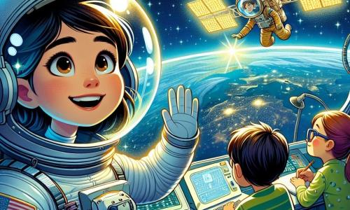 Uma jovem astronauta, Mariana, flutua no espaço, vestida com um traje espacial prateado e brilhante, com um capacete transparente que revela seu rosto sorridente e maravilhado. Seus olhos brilham de curiosidade e excitação enquanto ela ajusta um painel solar dourado. Perto dela, Kenji, um garoto japonês de cerca de 12 anos, observa atentamente do interior da estação espacial, usando óculos e com um sorriso encorajador. Ele segura um laptop e acena com a mão. Lina, uma menina espanhola de aproximadamente 11 anos, está sentada ao lado dele, com os cabelos castanhos presos em um rabo de cavalo, e toma notas em um caderno, parecendo concentrada. A cena ocorre do lado de fora da estação espacial, cercada por um fundo negro estrelado, com a Terra abaixo, iluminada em tons de azul e verde. A estação espacial é composta por módulos prateados, com painéis solares que brilham sob a luz do sol. Mariana está consertando o painel solar, em um gesto delicado e preciso, enquanto estrelas cintilam ao redor, criando uma atmosfera mágica e inspiradora.