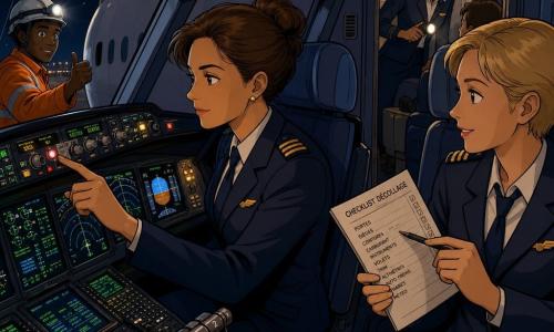 Główna bohaterka to około 35-letnia pilotka o spokojnej, skupionej twarzy, brązowych włosach upiętych w kok, ubrana w granatowy mundur z złotymi pagonami, naciskająca przycisk na panelu i patrząca na świecące przyrządy z determinacją i życzliwością; obok niej, po prawej, około 30-letnia pierwsza pilotka, krótko blond włosa, uśmiechnięta i uważna, trzyma papierową checklistę i wskazuje element panelu długopisem; stewardessa, około 28 lat, kasztanowowłosa, stoi w przejściu widocznym za drzwiami kokpitu, szepcze do pasażera i trzyma włączoną latarkę; przez zewnętrzne okno widać młodego mechanika, około 25 lat, w pomarańczowym kombinezonie i kasku, z czołówką i kciukiem uniesionym w górę, zwróconego do kadłuba; wnętrze kokpitu nocą: czarne panele z zielonymi i niebieskimi ekranami, czerwone i żółte przyciski, polerowane dźwignie, a przez szyby oświetlona droga startowa z rzędami małych białych i żółtych świateł; scena przedstawia zespół wykonujący checklistę przed startem: przytłumione światło, precyzyjne gesty, błyszczące przyrządy, spokojna, skupiona atmosfera, szerokie perspektywy ukazujące twarze, ręce i podświetlane panele.
