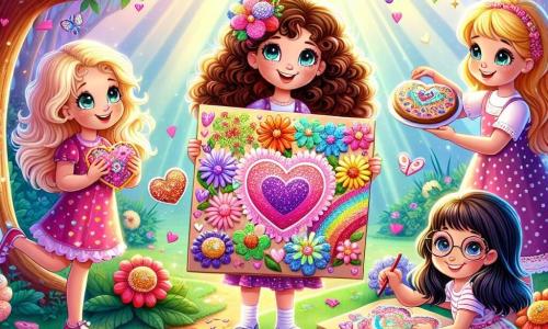 No centro da imagem, Lila, uma menina de nove anos com cabelos cacheados e olhos brilhantes, segura um grande cartão colorido decorado com flores e corações, radiante de alegria. À sua direita, Mia, uma menina com cabelos longos e lisos, sorri segurando um prato cheio de biscoitos em forma de coração, enquanto à sua esquerda, Zoe, uma menina de óculos e tranças, se inclina para adicionar pétalas de flores ao cartão. Clara, outra menina com cabelos curtos e um vestido de bolinhas, está sentada no chão, cercada por folhas e flores, desenhando padrões no cartão. O cenário é um jardim mágico, repleto de flores coloridas, borboletas no ar e uma grande árvore com galhos estendidos, criando uma atmosfera encantadora. Raios de sol filtram-se através das folhas, iluminando a cena com uma luz suave e acolhedora. As quatro amigas estão criando um presente especial para o dia das mães, com expressões de felicidade e empolgação em seus rostos, cercadas pela magia da amizade e do amor.