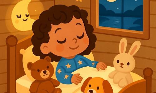 Uma menina de 2 anos, com grandes olhos brilhantes e cabelos cacheados, está deitada em sua cama aconchegante, com um sorriso tranquilo no rosto. Ela usa um pijama estrelado, e seus brinquedos de pelúcia estão espalhados ao seu redor, dando-lhe um ar sereno e feliz. Ao lado dela, uma luz noturna em forma de lua ilumina suavemente o quarto, projetando sombras suaves nas paredes. A cabana de madeira é acolhedora, com paredes de madeira clara e uma janela que deixa entrar a luz da lua. O lugar é um casulo de tranquilidade, com uma cama de madeira, almofadas macias e um tapete colorido no chão. Estrelas decoram o teto, criando uma atmosfera mágica. A menina respira profundamente, pronta para adormecer, cercada pela calma da noite. Os sons suaves da água do lago podem ser ouvidos do lado de fora, acrescentando à serenidade deste momento.